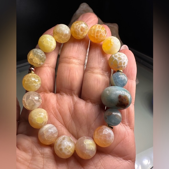 YELLO FIRE AGATE + AMAZONITE + LEMURIAN NATURAL STONES BRACELET size 7” - Picture 12 of 12